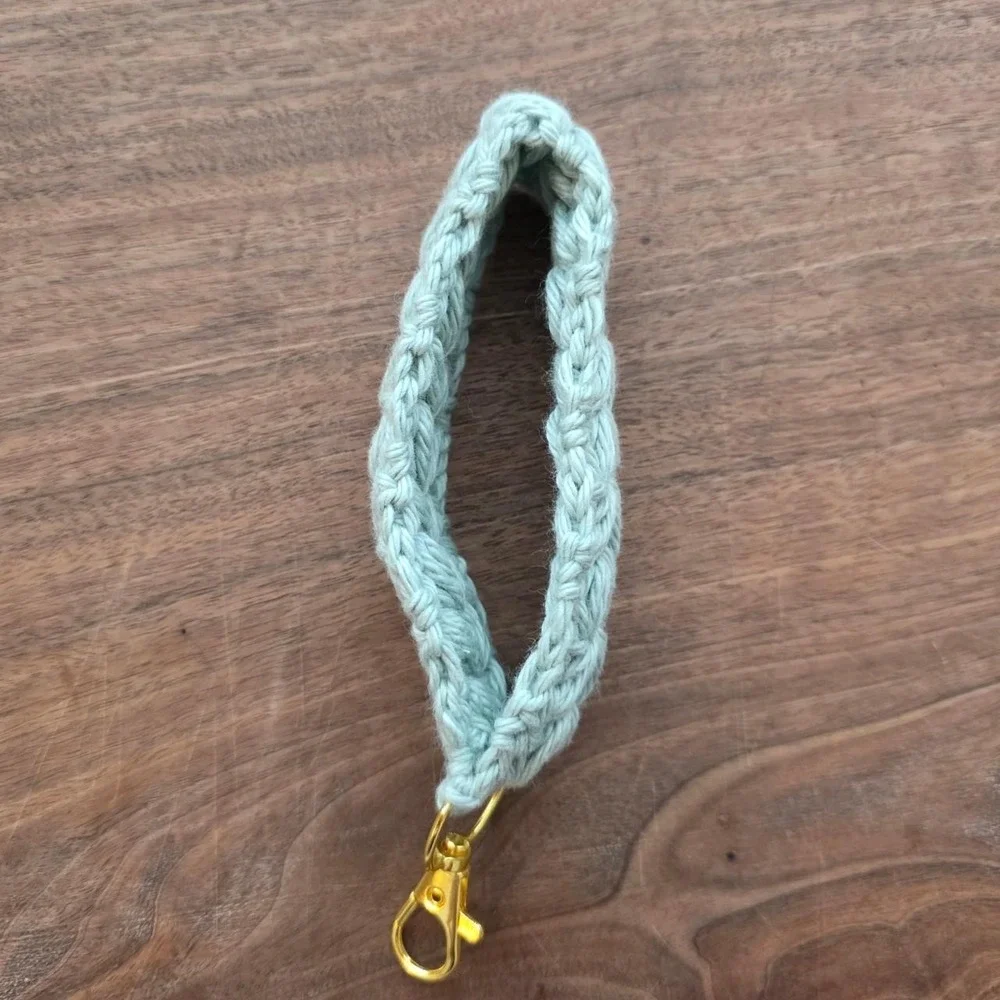 Handmade Crochet Wristlet Key Fob Sage Green Cotton Floral Puff Gold Clasp